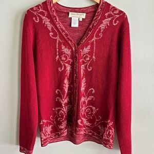 Y2K Norm Thompson Red Floral Cardigan Filigree Knit Wool Blend Size M